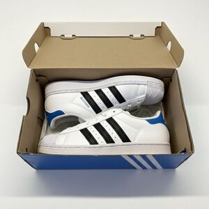 Adidas White Sneakers with Black Stripes and Blue Insole